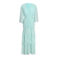 V neck ruched waist ruffle layers maxi dress