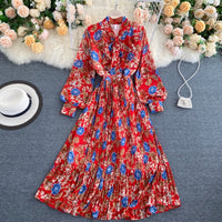 Long sleeve tie neck pleated maxi dress