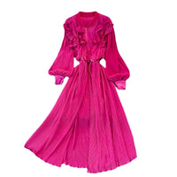 Bishop sleeve front ruffle drawstring waist maxi dress