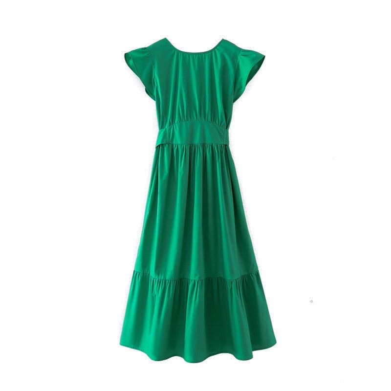 Deep V back cut green dress