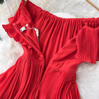 Off shoulder flappy pleated layers slit dress