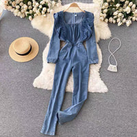 Ruffle apron jumpsuit in denim