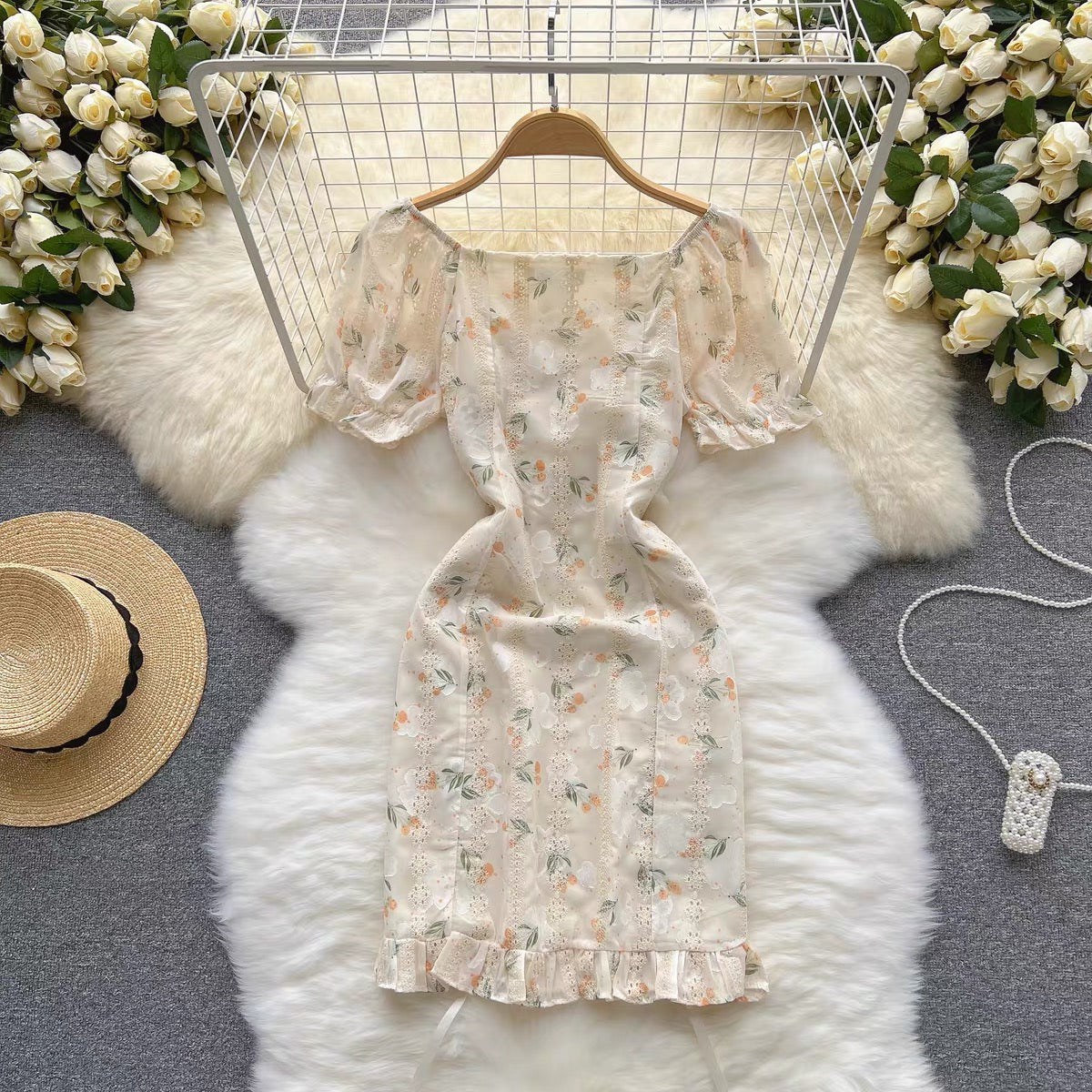 Drawstring embellished embroidery lace floral mini dress