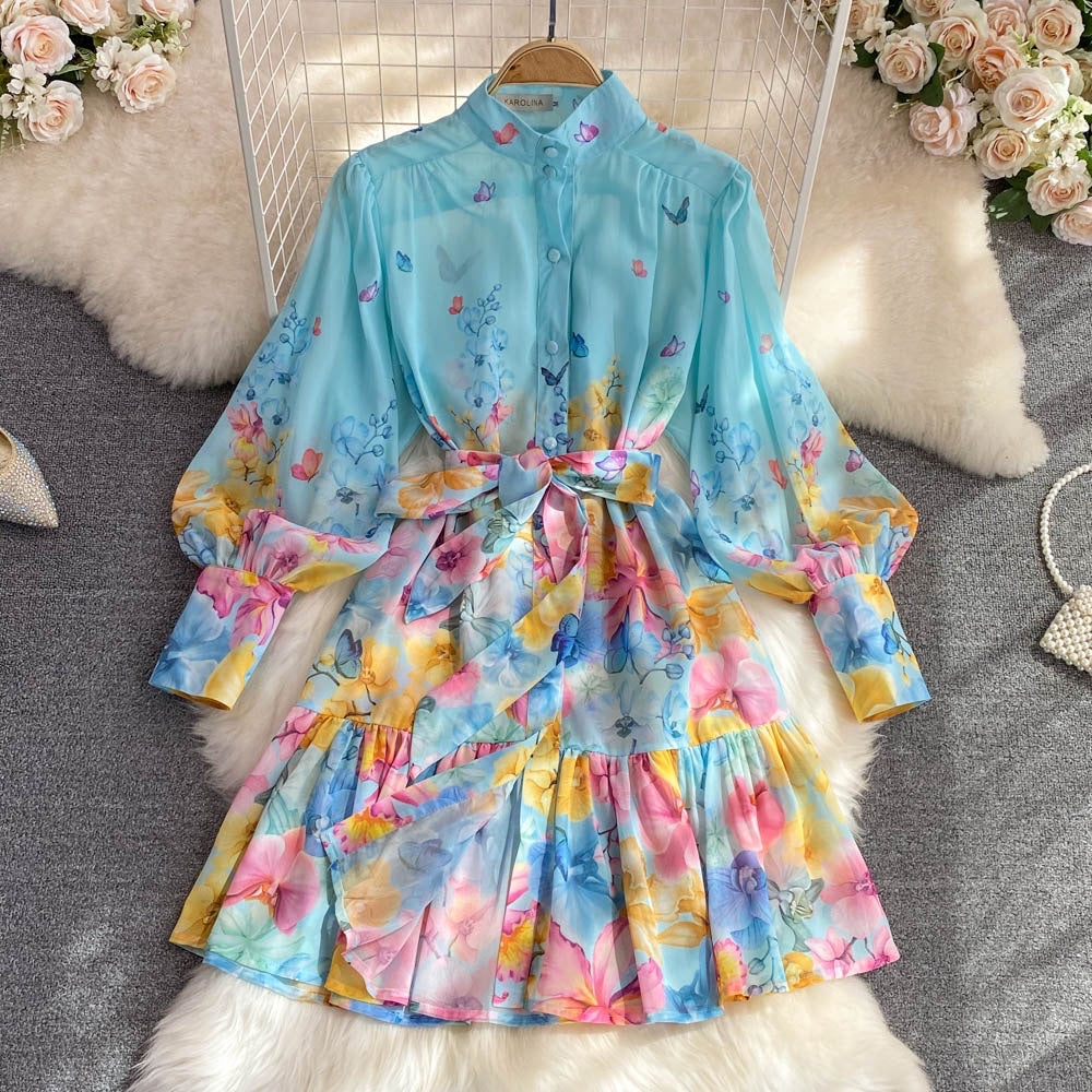 Belted button down floral chiffon mini dress