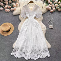 Puff sleeve eyelet embroidery lace V neck maxi dress