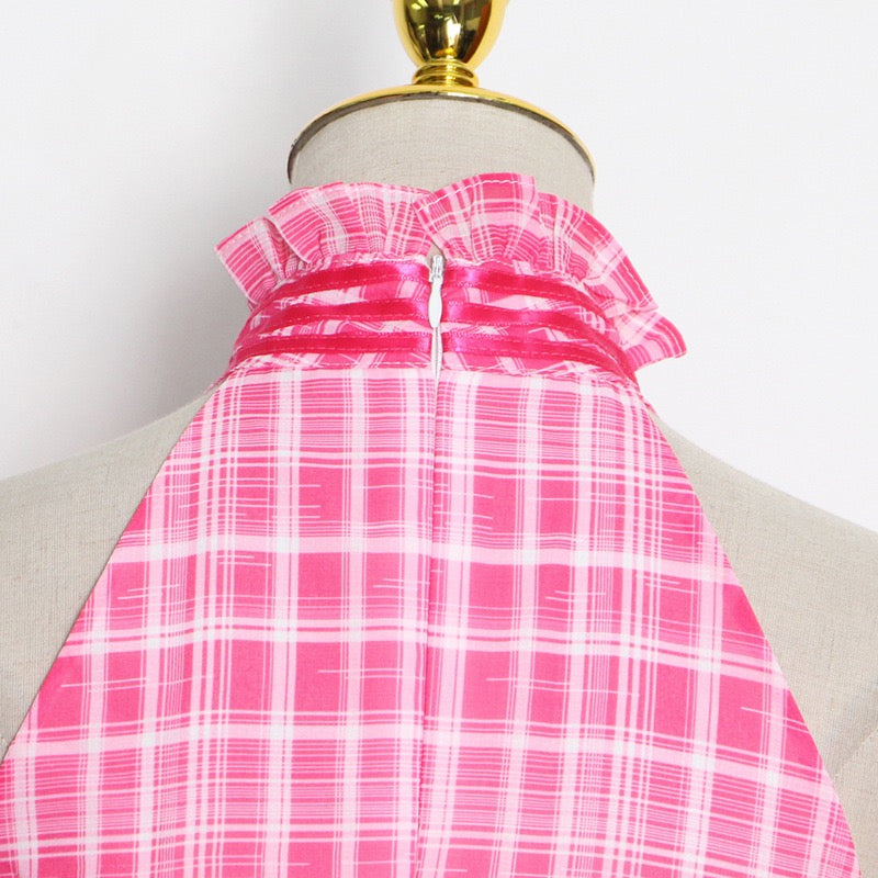 Halter asymmetrical layers side split plaid dress