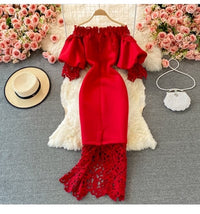 Off shoulder puff sleeve extender lace trim dress