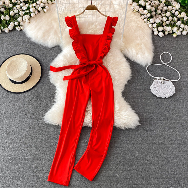 Ruffle apron tie waist jumpsuit