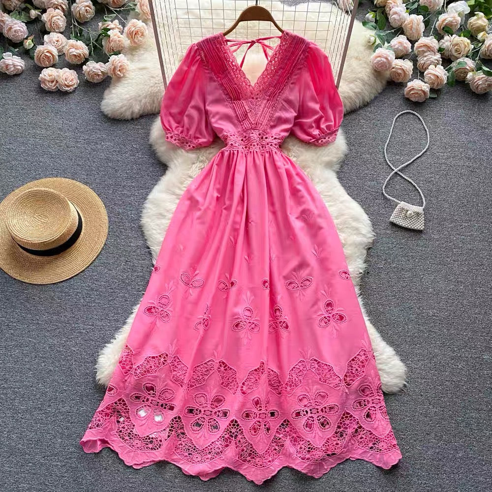 Puff sleeve eyelet embroidery lace V neck maxi dress