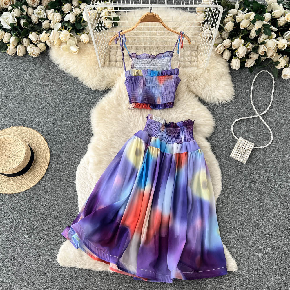 Watercolor smocked tie strappy croptop and midi skirt set