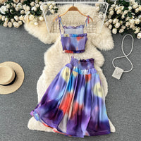 Watercolor smocked tie strappy croptop and midi skirt set