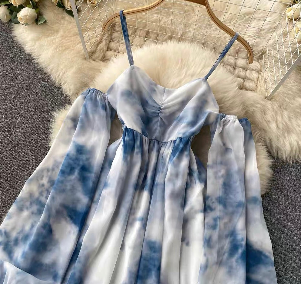 Lantern sleeve cami X line dress in blue sky