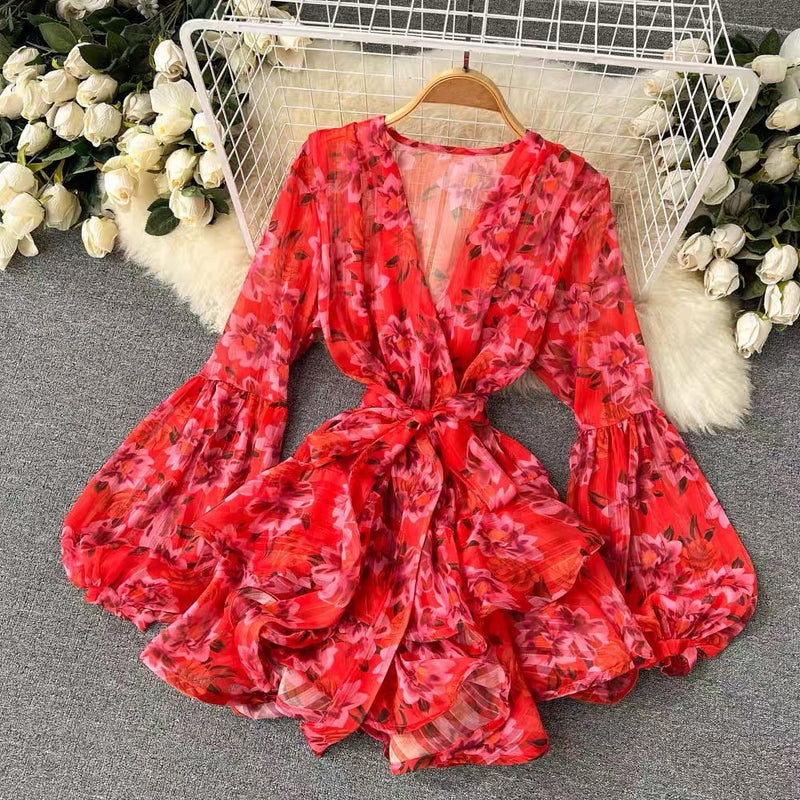 Lantern sleeve floral ruffle layers dress