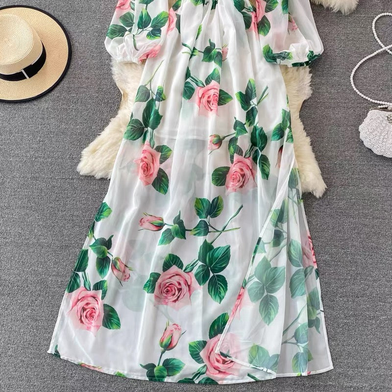 Bishop sleeve roses maxi slit dress