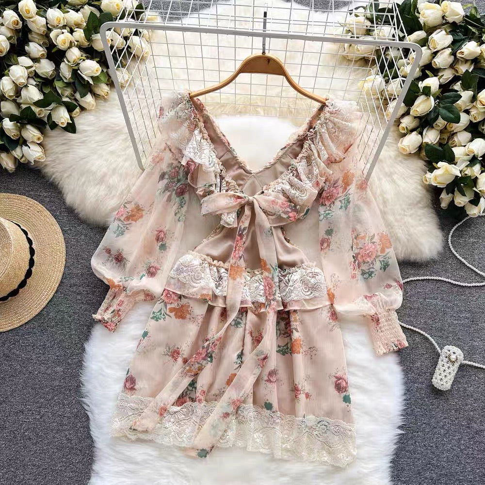 Embroidery lace trim cut out back knot floral chiffon mini dress