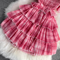 Smocked bodice ruffle layers plaid mini dress