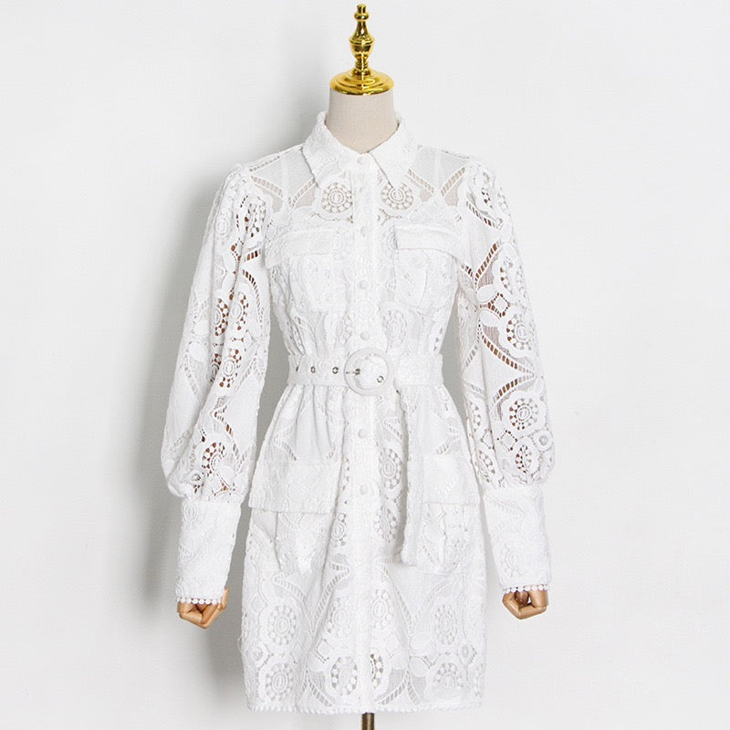 Belted Eyelet embroidery shirt dress