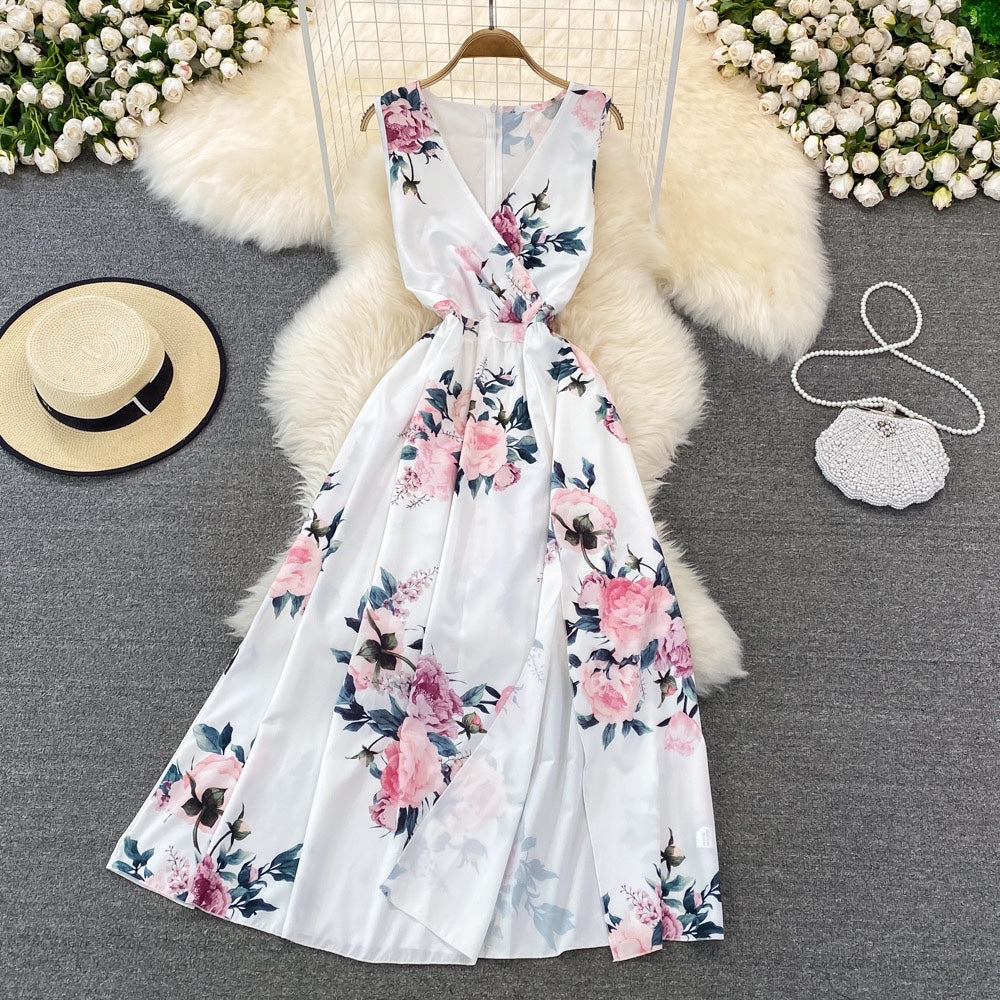 Summer floral V neck split dress