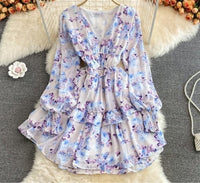 Bishop sleeve deep V neck floral ruffle dress