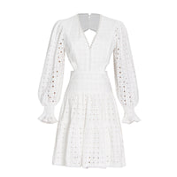 V neck eyelet embroidery lace back cut out dress