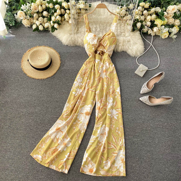 Tie back front cut out floral jumpsuit