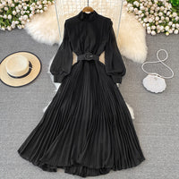 Cuff sleeve pleated maxi dress with matching color belt