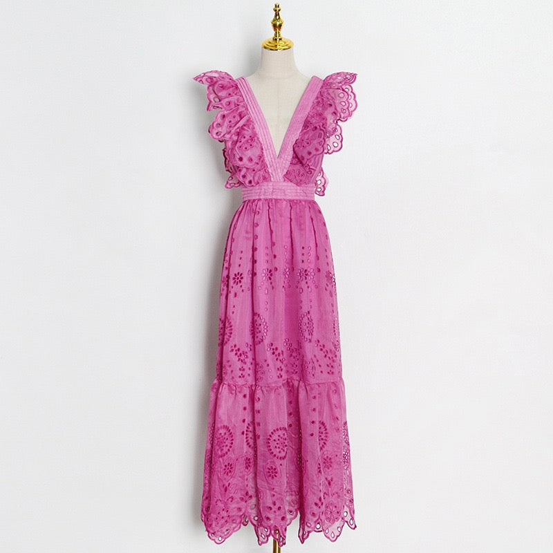 Eyelet embroidery deep V neck maxi dress