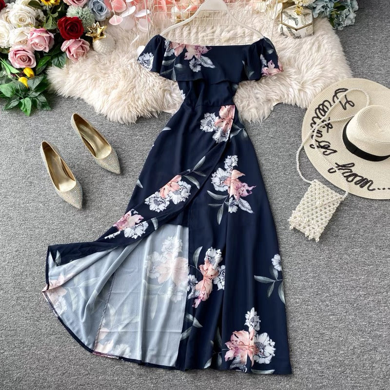 Flappy off shoulder floral split midi dress