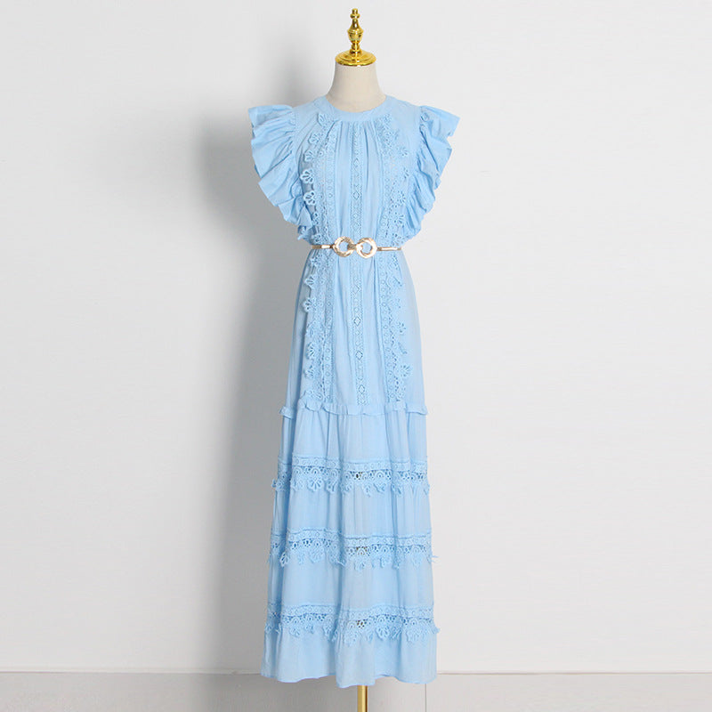 Butterfly sleeve metal belted tiered maxi dress