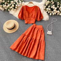 Sweetheart neckline crop top with matching color skirt set