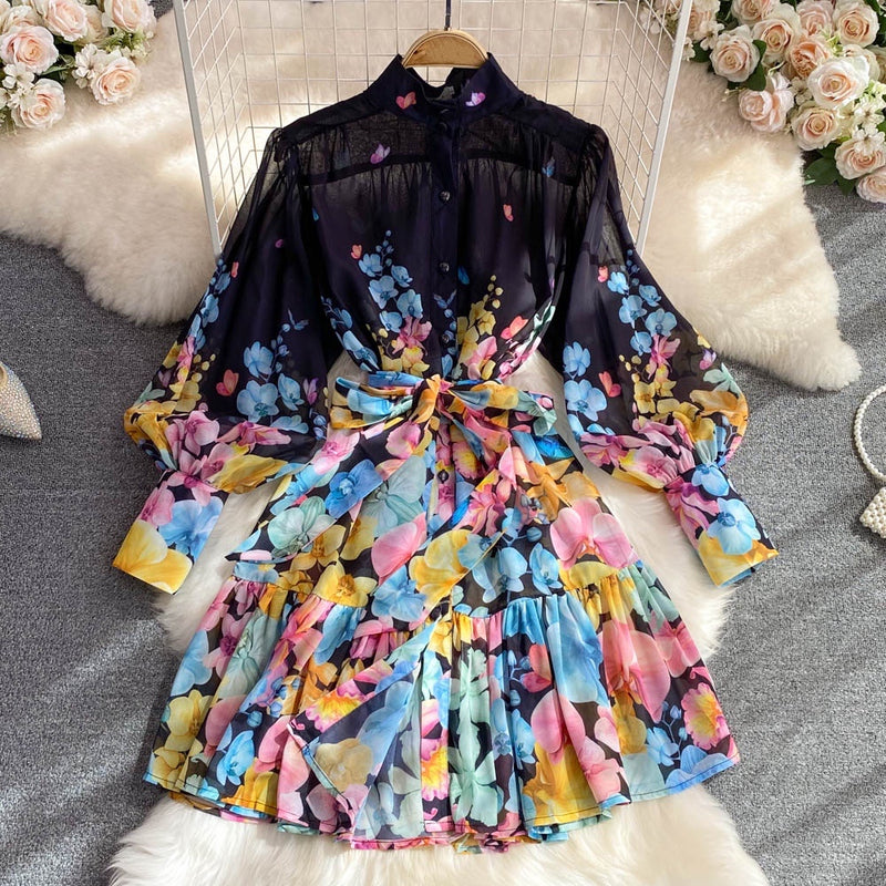 Belted button down floral chiffon mini dress