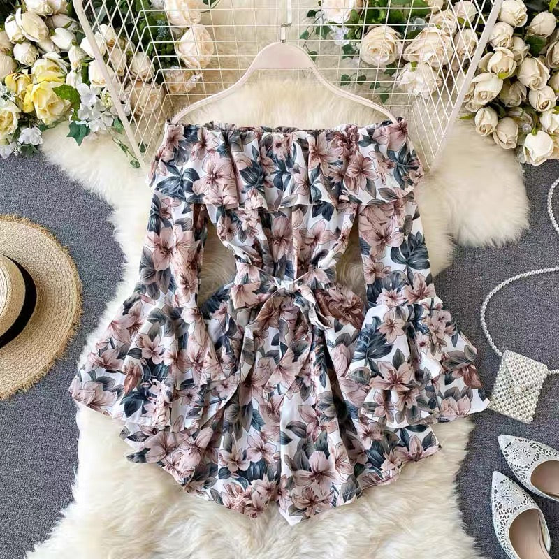 Off shoulder flare sleeve floral romper