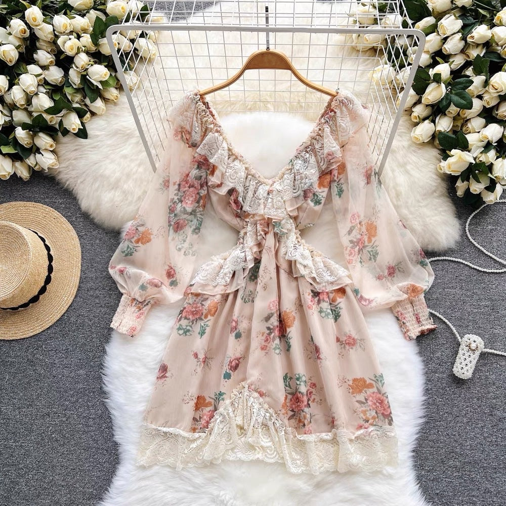 Embroidery lace trim cut out back knot floral chiffon mini dress