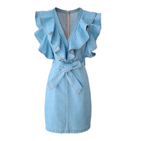 V neck ruffle midi dress in denim