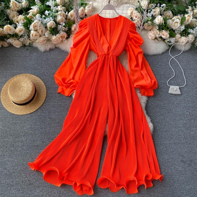 V neck wavy wide leg plisse jumpsuit