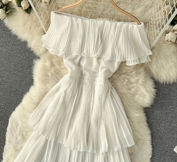 Off shoulder flappy pleated layers slit dress