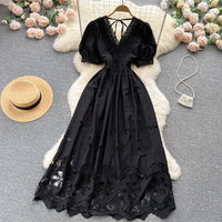 Puff sleeve eyelet embroidery lace V neck maxi dress