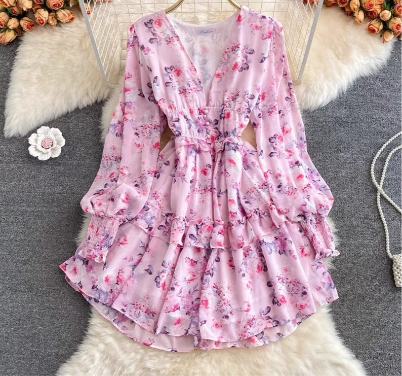 Bishop sleeve deep V neck floral ruffle dress