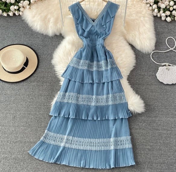 V Neck accordion pleated layers dress