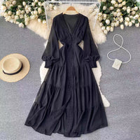 Long sleeve V neck tiered maxi chiffon dress