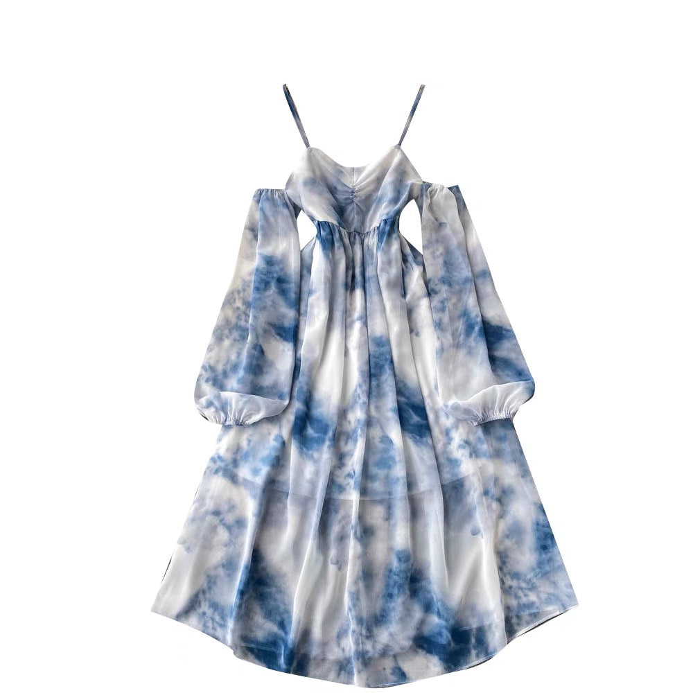 Lantern sleeve cami X line dress in blue sky