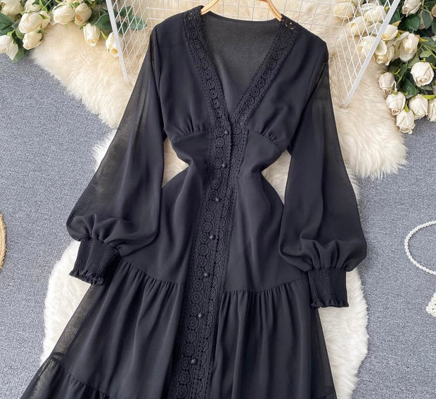 Long sleeve V neck tiered maxi chiffon dress