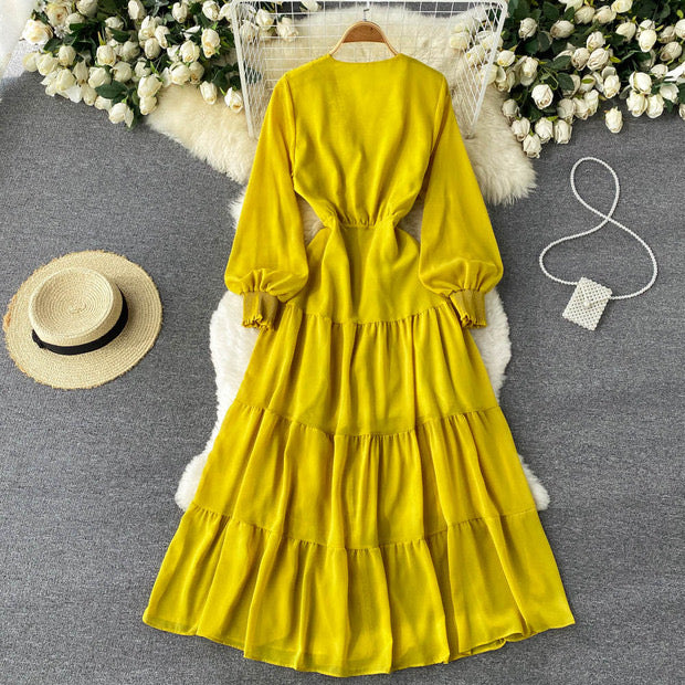 Long sleeve V neck tiered maxi chiffon dress