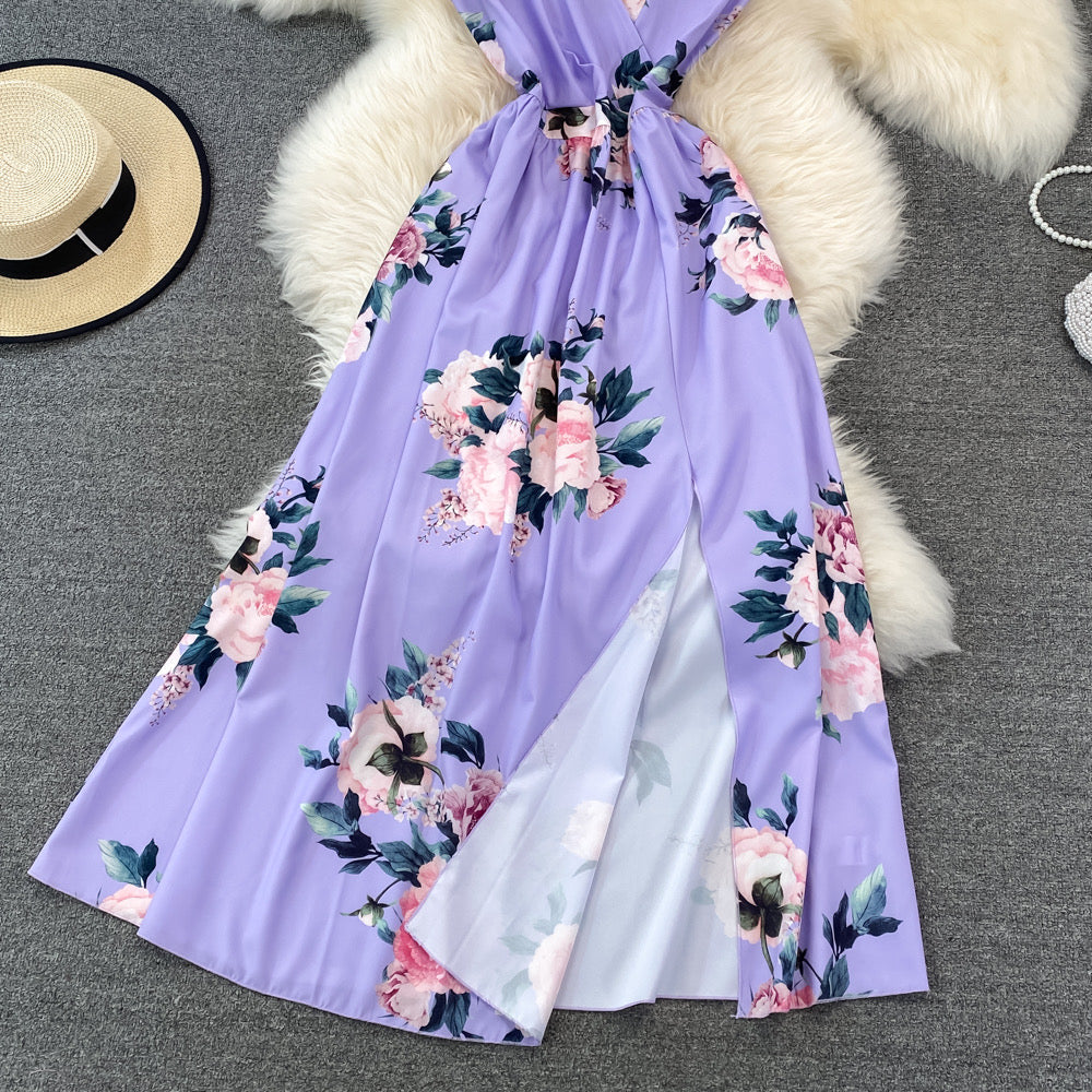 Summer floral V neck split dress