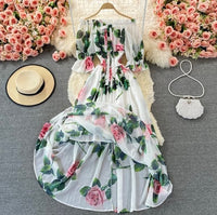 Off shoulder smocked waist roses print maxi dress