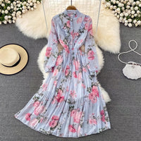 Front ruffle button up floral pleated maxi dress