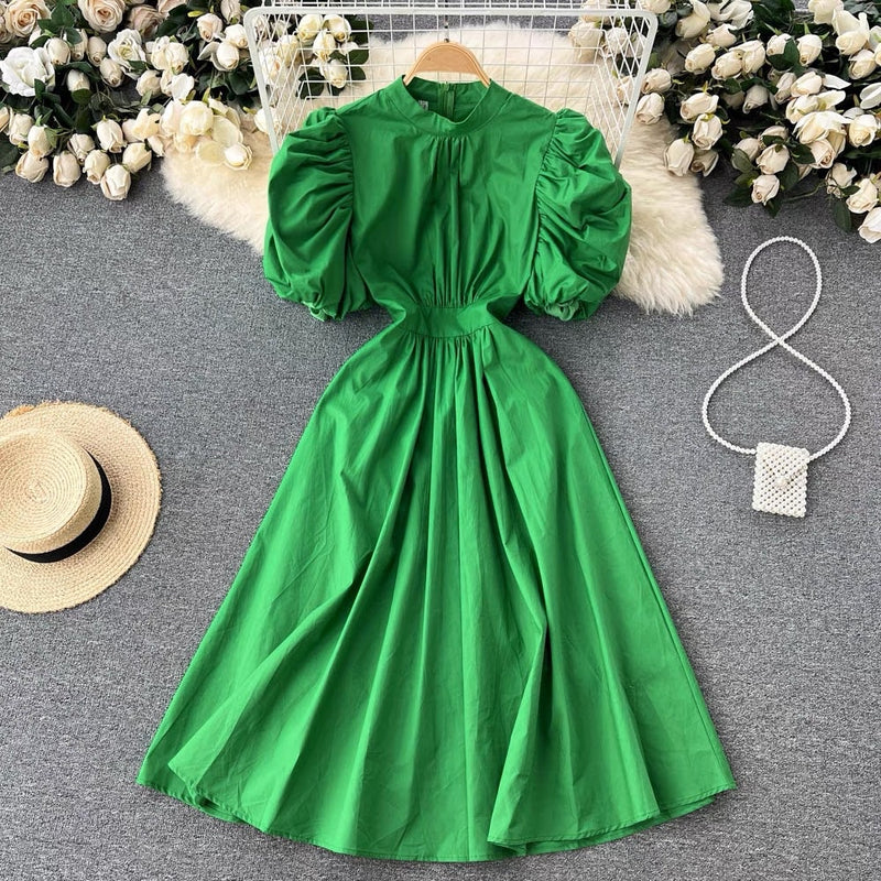 Puff sleeve mock neck solid colour midi dress