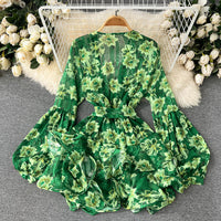 Lantern sleeve floral ruffle layers dress