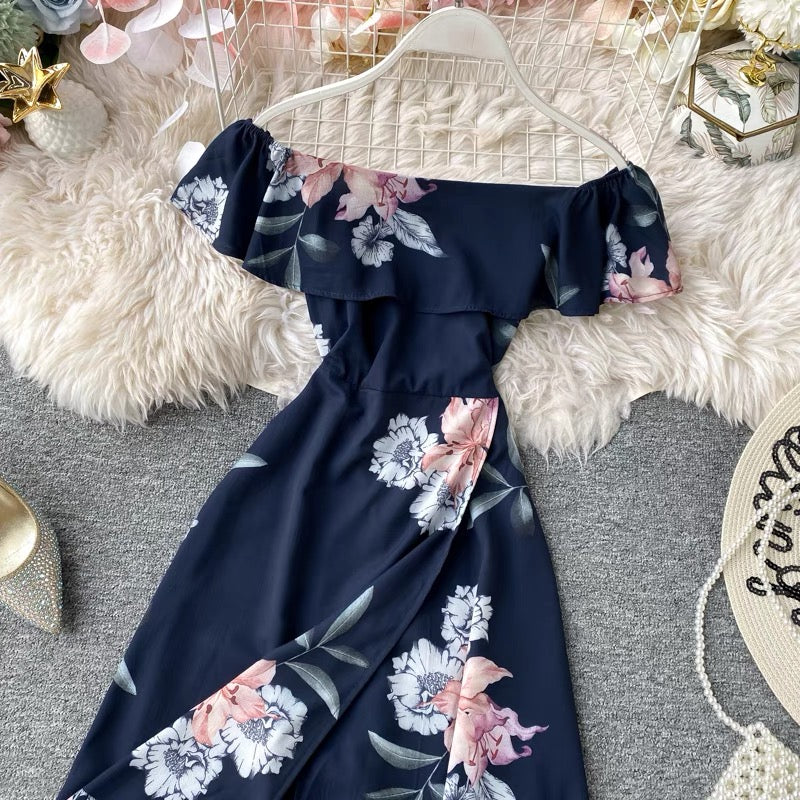 Flappy off shoulder floral split midi dress