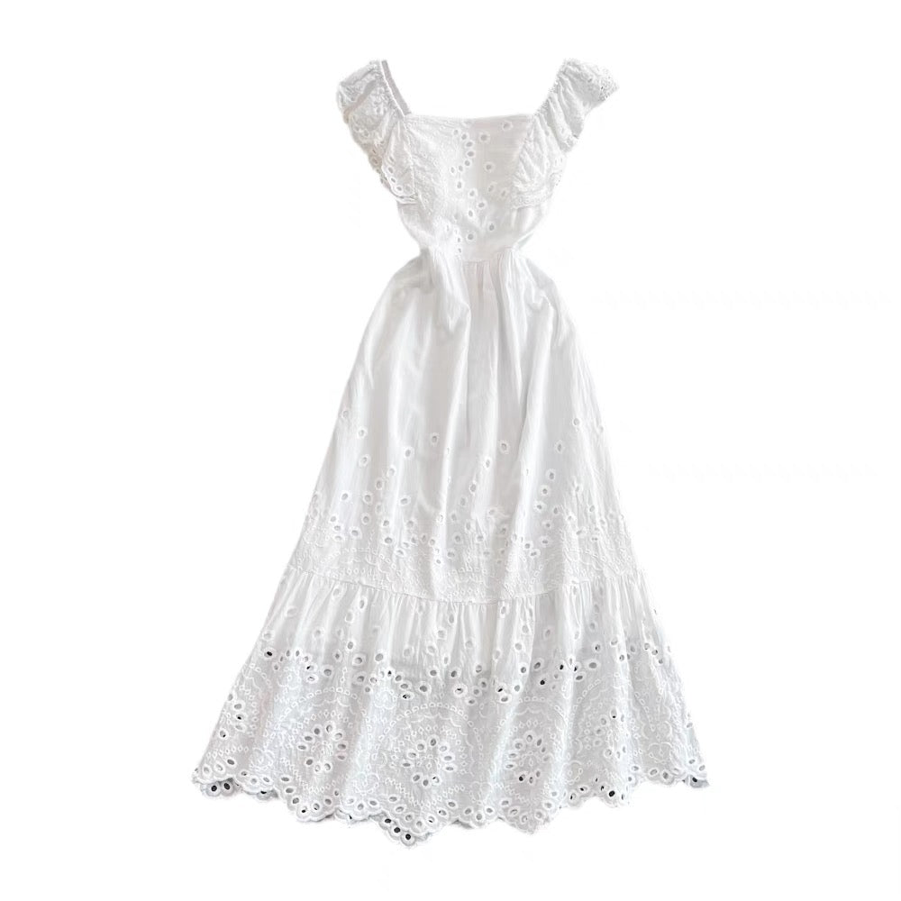 Eyelet embroidery ruffle midi dress